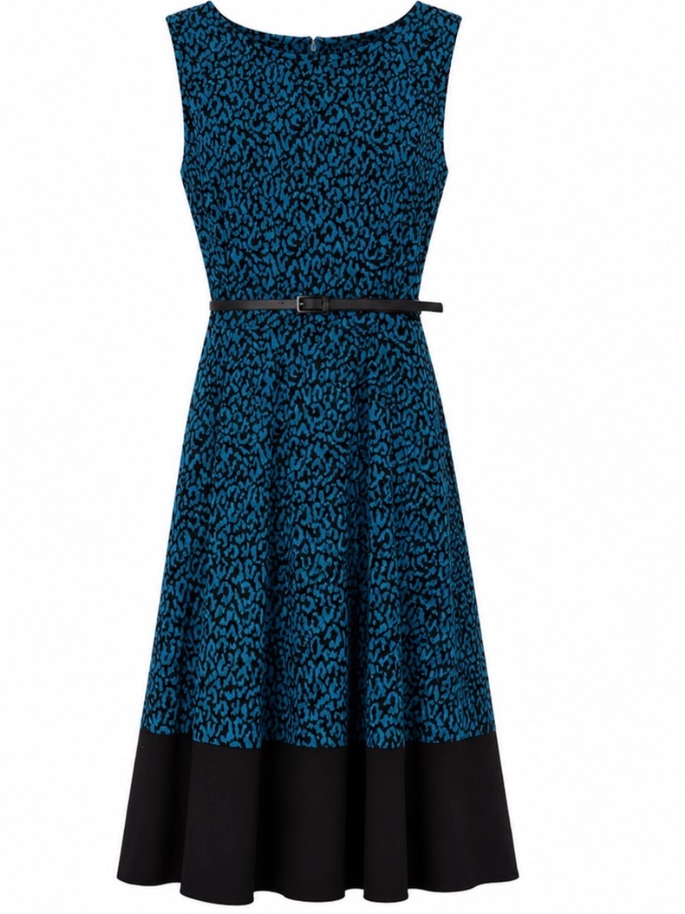 Dana Buchman Teal-Blue Patterned Sleeveless Midi Dress with Black Band